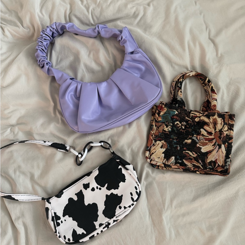 3-Piece Handbag Set – Lavender Ruched, Cow Print Baguette & Floral Tote